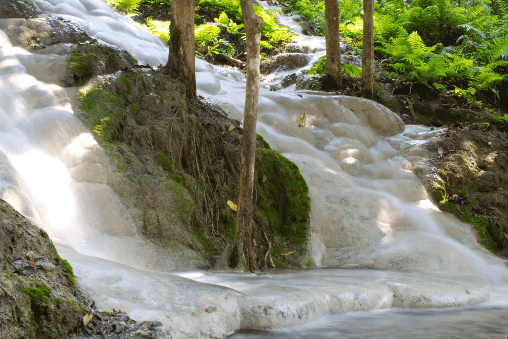 The white mineral limestone cascade of the Bua Thong Sticky Waterfalls surrounded by ferns