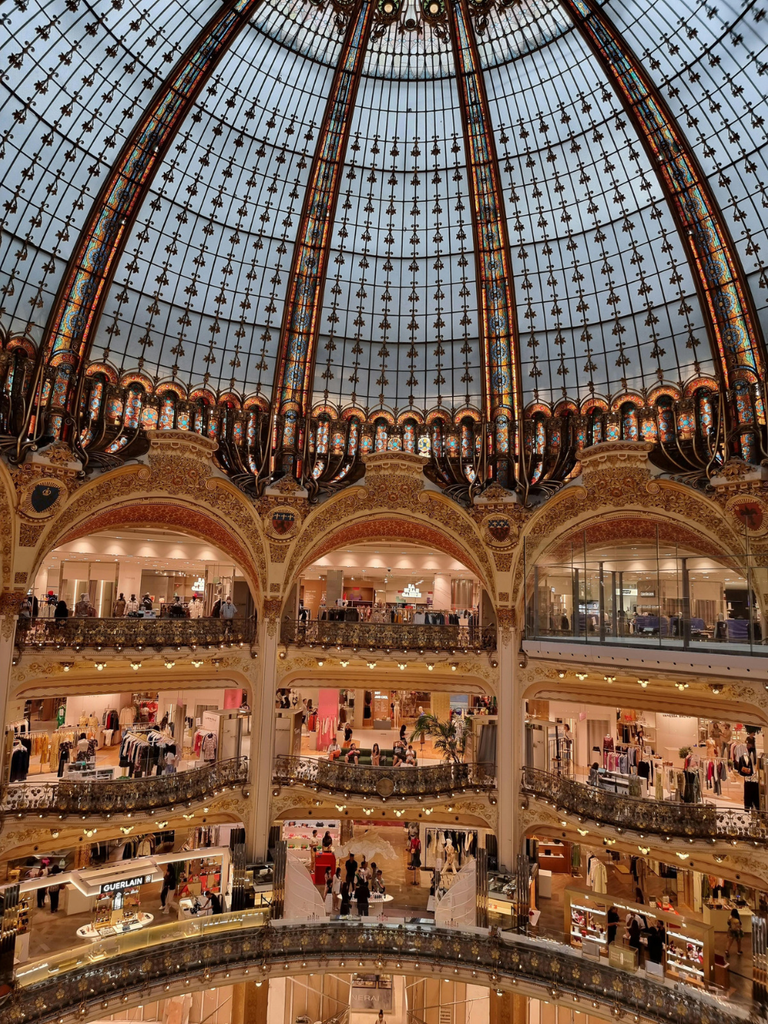 The Belle Époque glass dome of Galeries Lafayette seen from below, ringed by shop floors