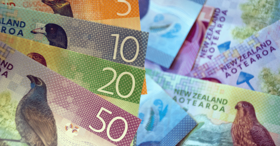 Fanned New Zealand 10, 20 and 50 dollar banknotes featuring native bird designs
