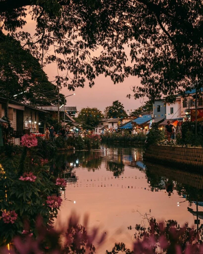 The Mae Kha canal reflecting a pink sunset, with lantern-lit stalls and flowers along the banks