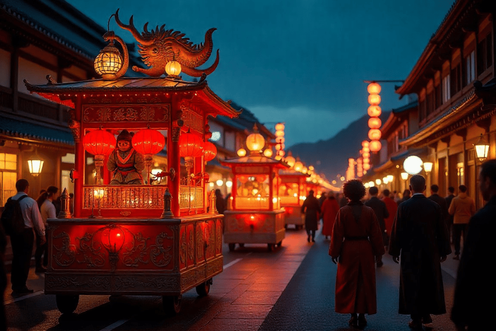 Ornate festival floats lit by lanterns on a street at dusk during an autumn festival