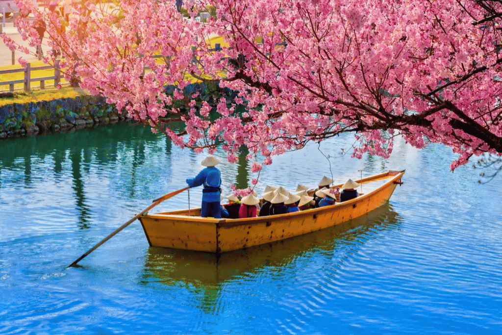 Traditional wooden boat drifting beneath cherry blossoms on a bright blue canal