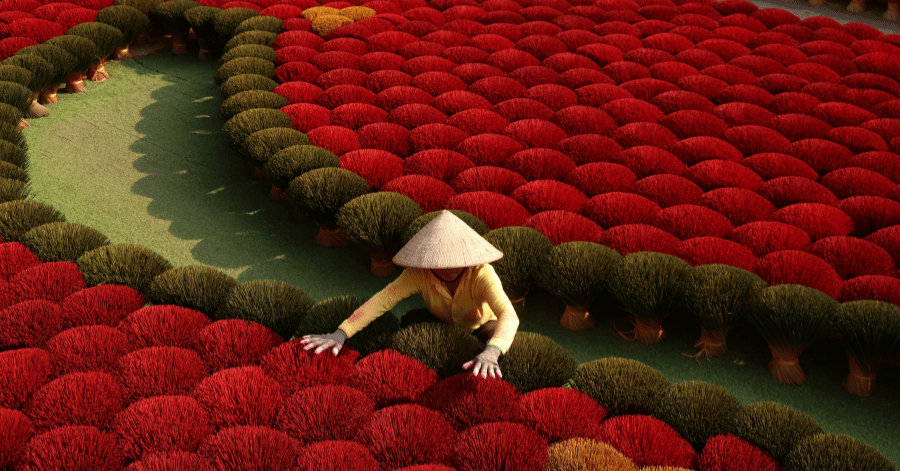 A woman in a conical hat arranging rows of bright red incense sticks laid out to dry