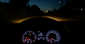 View from inside a car at night, lit dashboard and headlights on a dark road