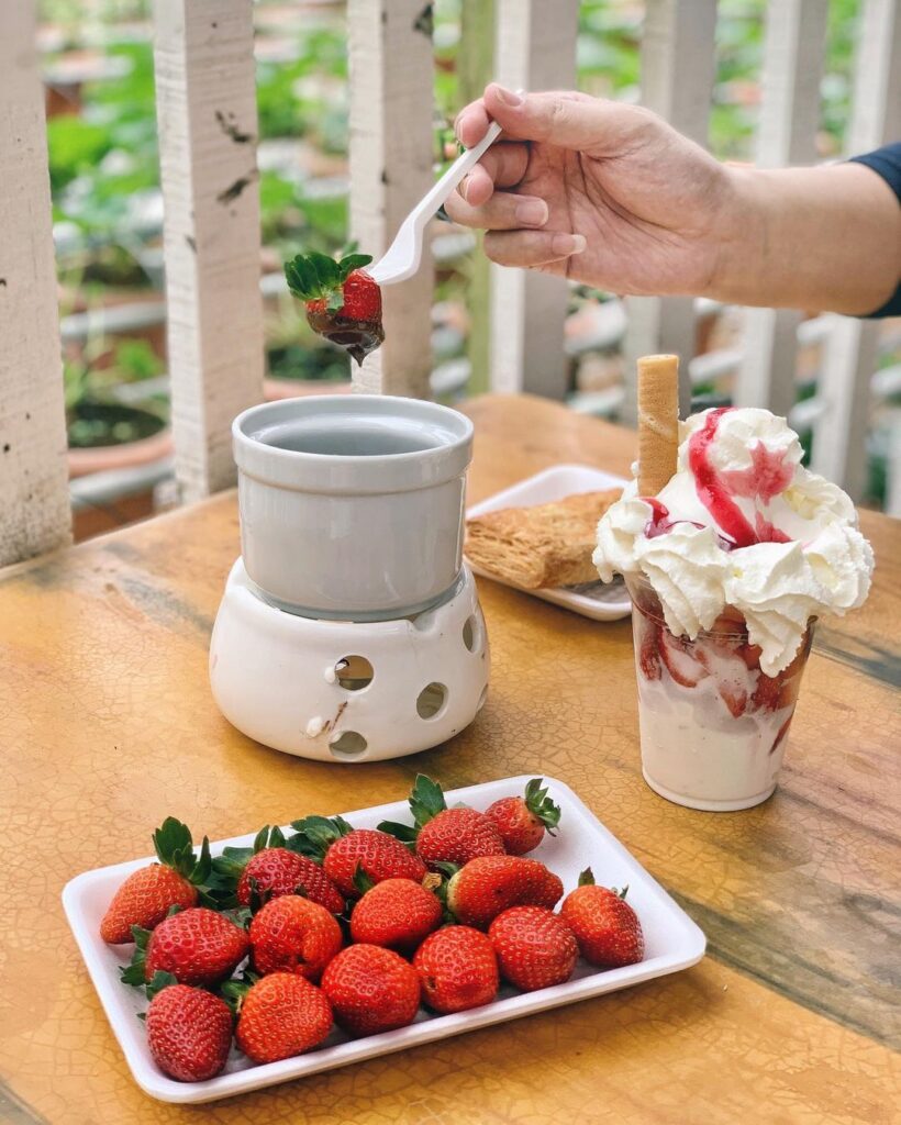 Fresh strawberries, chocolate fondue and a cream sundae on a cafe table