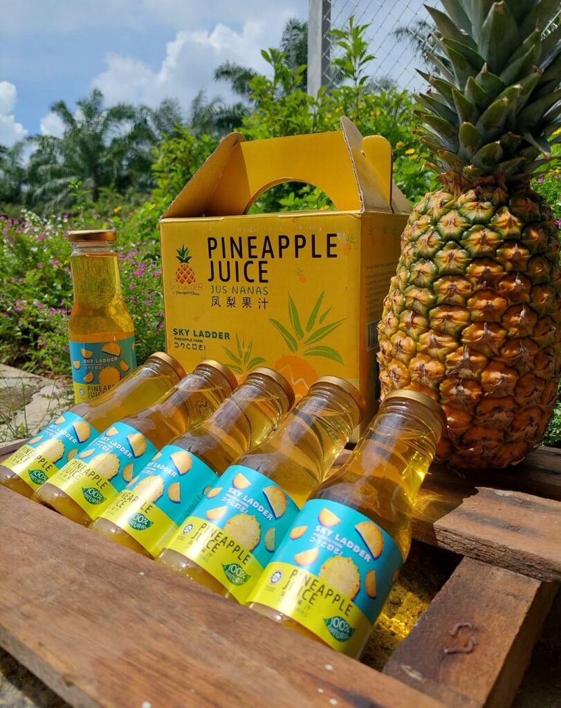Bottles of Sky Ladder pineapple juice and a fresh pineapple at the farm