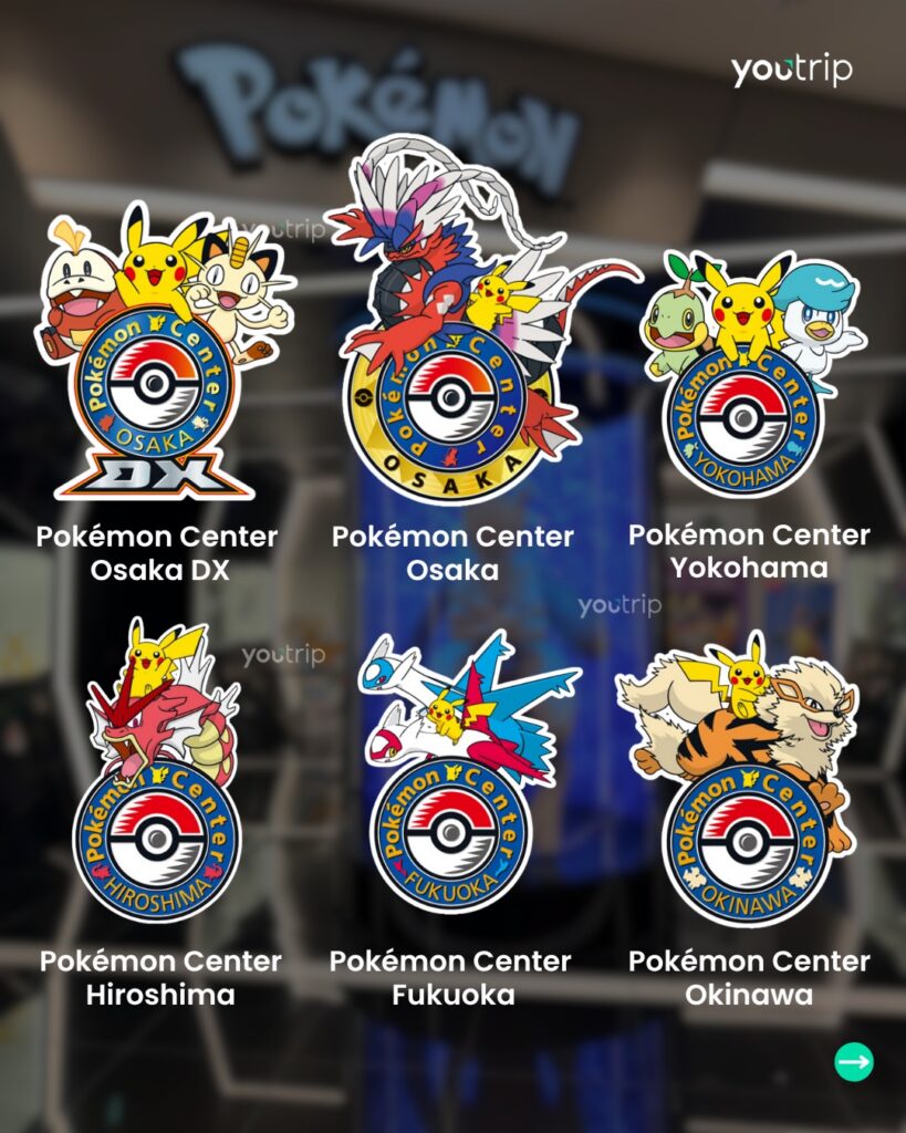 Six Pokémon Center location pin badges — Osaka DX, Osaka, Yokohama, Hiroshima, Fukuoka and Okinawa