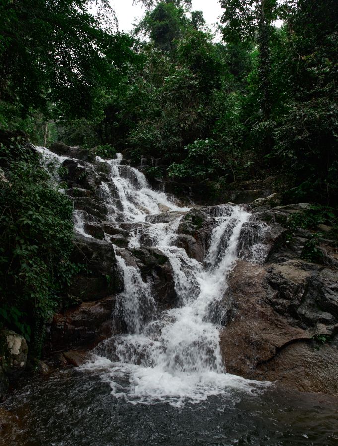 Water cascading over rocky tiers through dense jungle at Asah Waterfall, Tioman