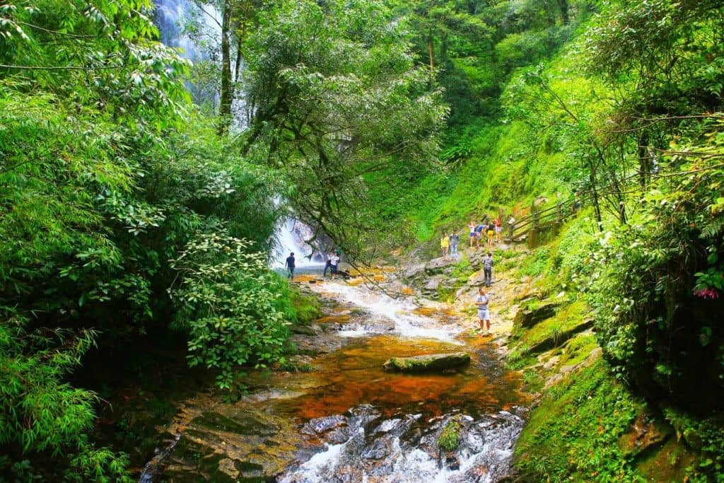 Visitors by a stream and waterfall in the lush jungle of Phu Quoc National Park