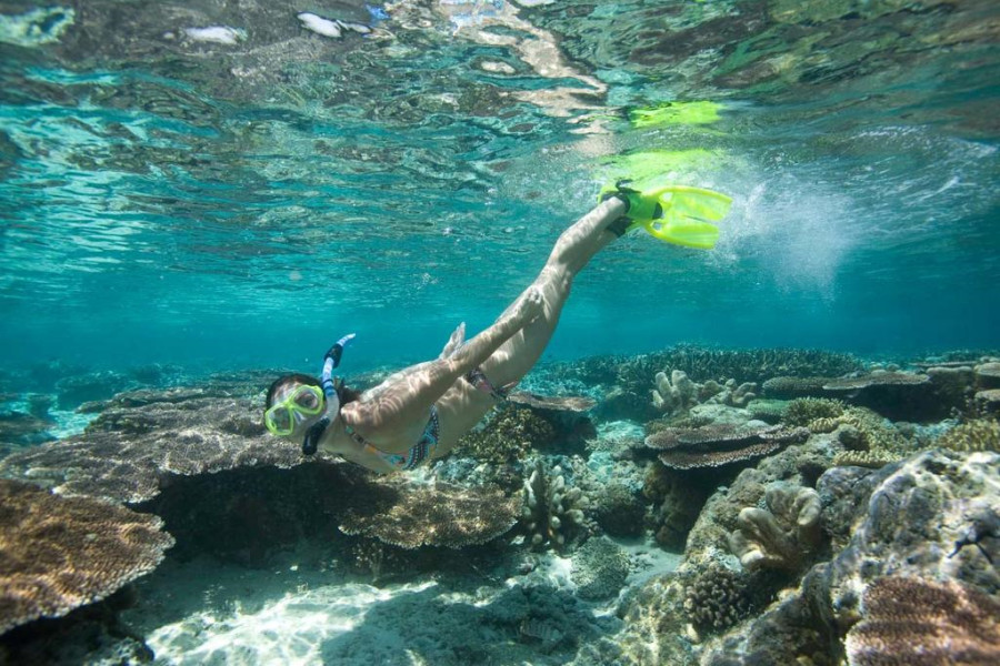 A snorkeller in fins free-diving down to a shallow coral reef in clear water