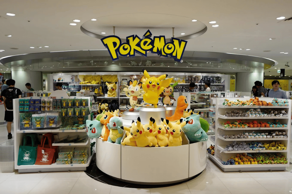 Pokémon store entrance with a central display island of Pikachu plush under a large illuminated Pokémon sign