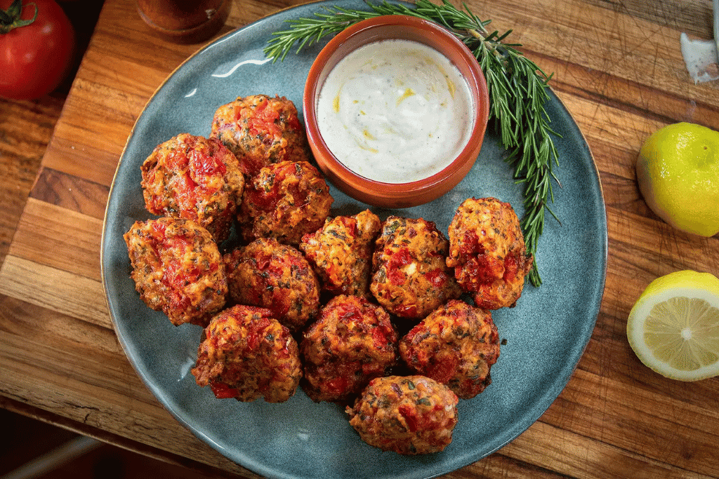 A plate of golden-fried tomato fritters with a white dip, lemon and rosemary