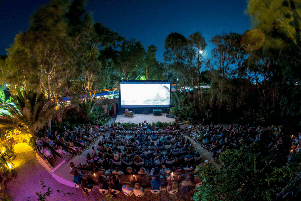 A crowd seated in a garden watching a film on a big screen at an open-air cinema at night