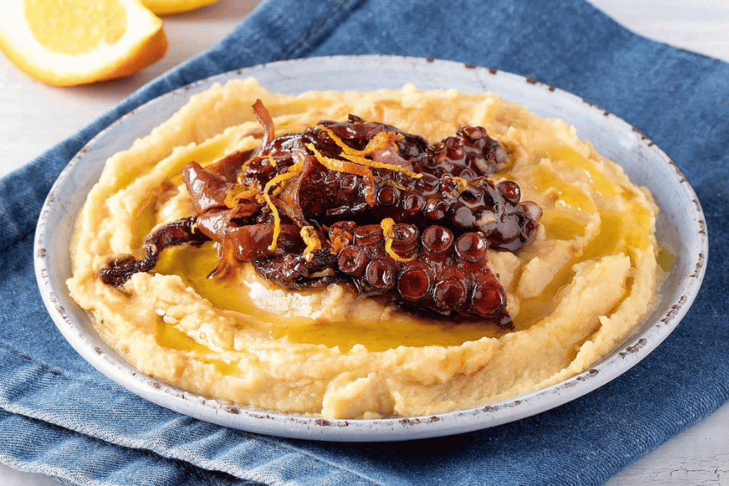 A plate of creamy yellow fava puree topped with caramelised onions and a lemon wedge