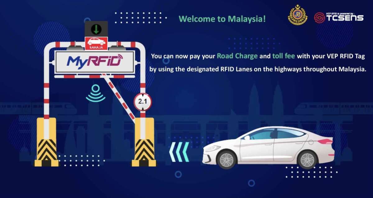 Official JPJ infographic showing a car paying road charge and tolls through a MyRFID RFID lane