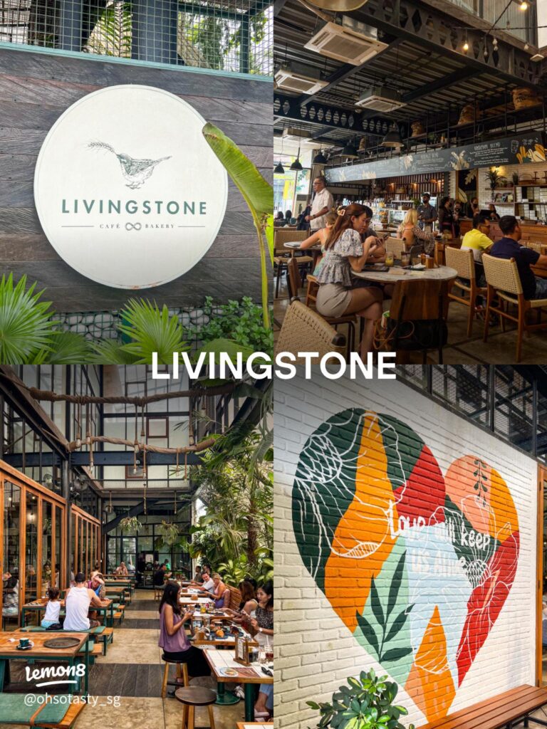 Livingstone Cafe & Bakery's logo sign, dining interior and wall mural, Seminyak