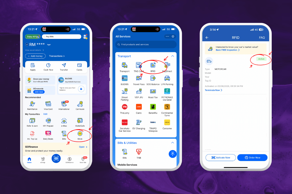Three Touch 'n Go eWallet app screens showing the RFID menu and an active VEP-linked vehicle