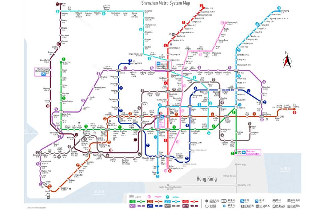 Colour-coded route map of the Shenzhen Metro system
