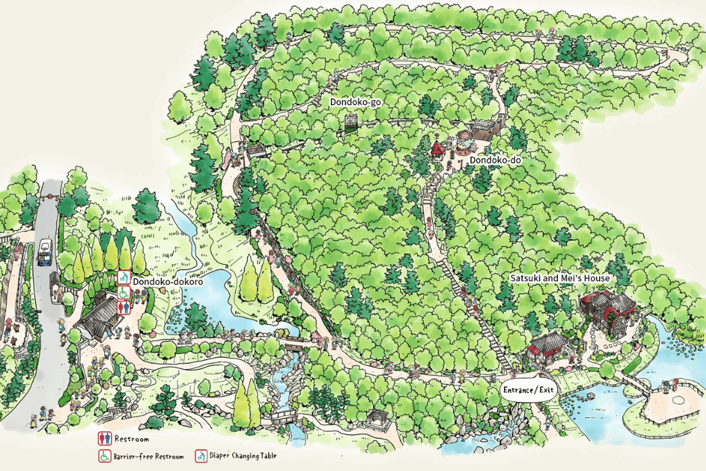 Illustrated map of Ghibli Park showing its five themed areas and grounds