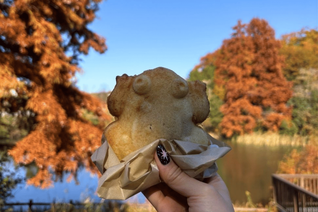 Hand holding a toad-shaped pastry with autumn trees and a lake behind at Ghibli Park