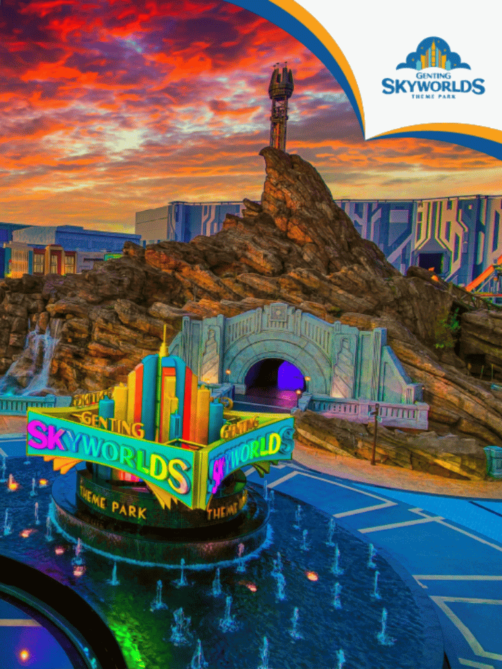 Entrance to Genting SkyWorlds outdoor theme park under a colourful sky