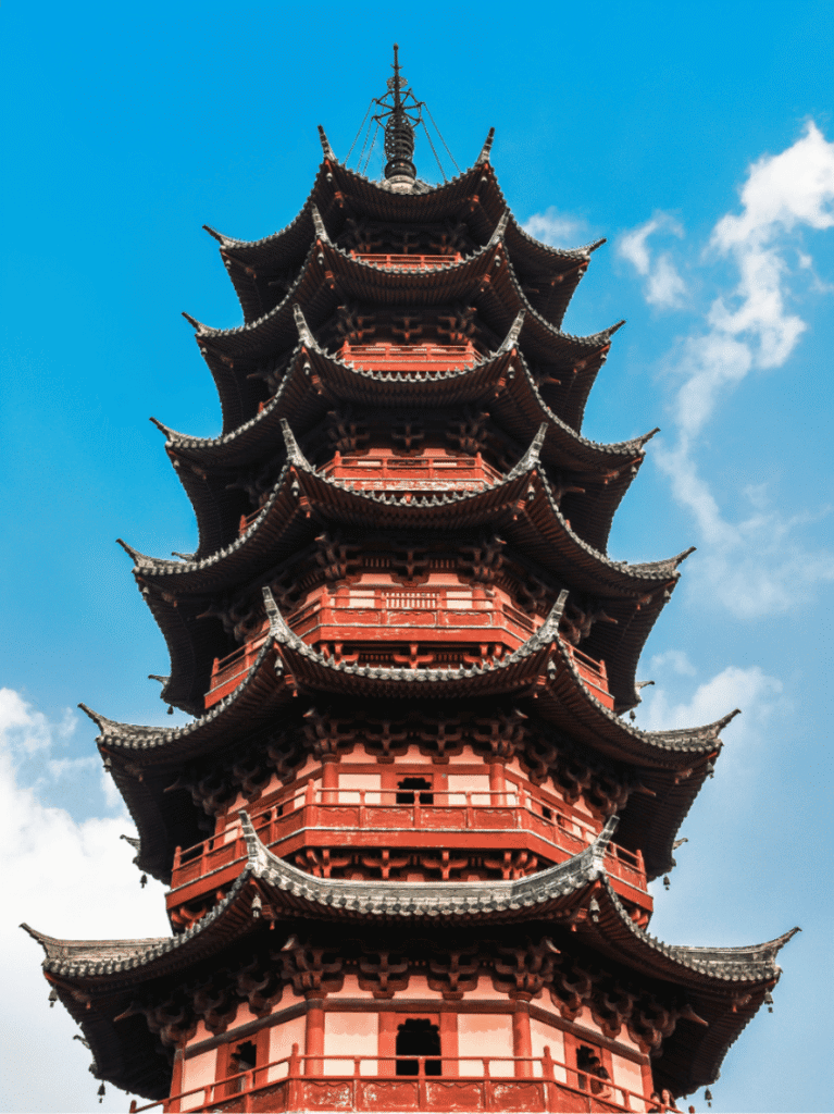 The tall multi-eaved North Temple Pagoda against a blue sky