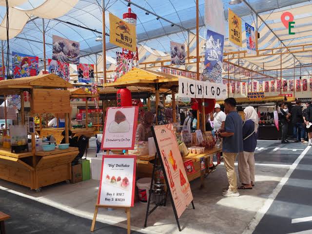 Japanese-themed food stalls and banners at Tokyo Town in Cameron Highlands