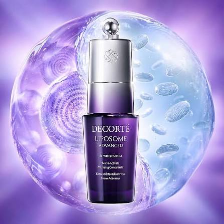 Decorté Liposome Advanced Repair Eye Serum bottle on a purple background