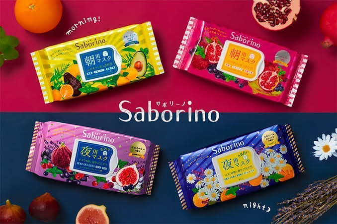 Saborino morning and night sheet mask packets with fruit on a two-tone background