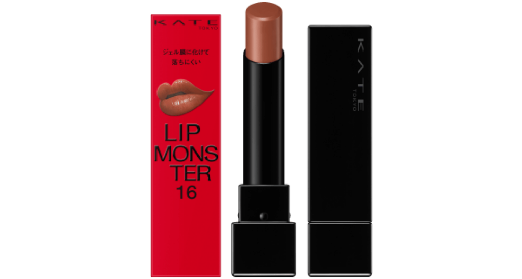 KATE Tokyo Lip Monster lipstick in shade 16 beside its red box