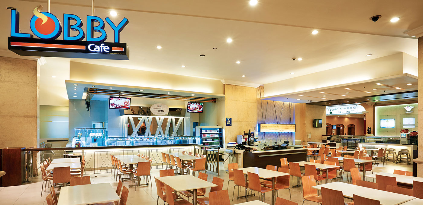 Dining area and signage of Lobby Cafe in the First World Hotel, Genting