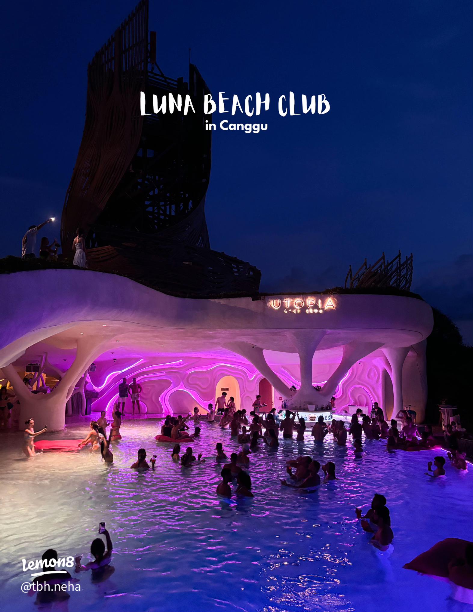Crowds in the purple-lit pool below the Utopia cave bar at Luna Beach Club, Bali at night