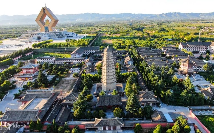 Aerial view of Famen Temple's pagoda and grounds with the modern relic hall behind