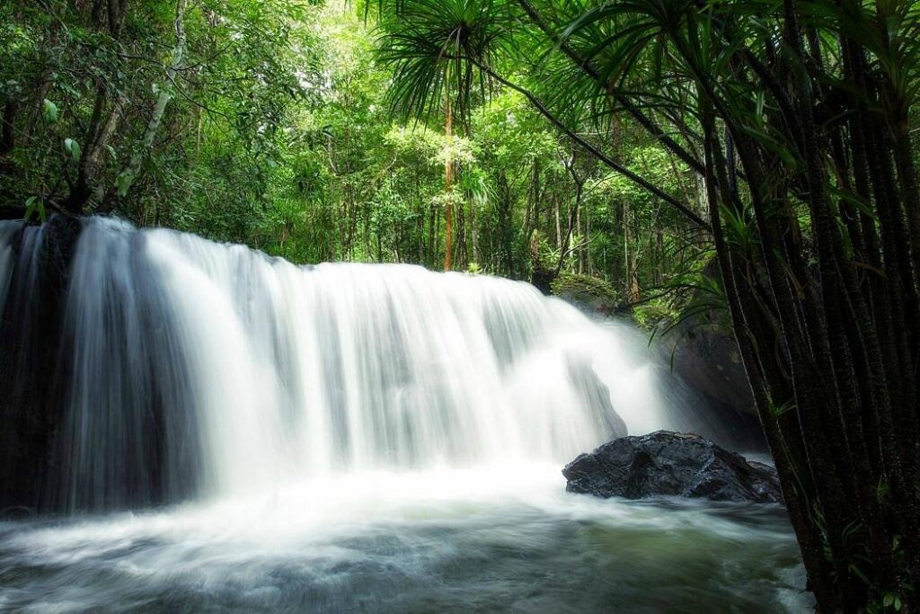 Suoi Tranh waterfall cascading over rocks into a pool in dense Phu Quoc forest