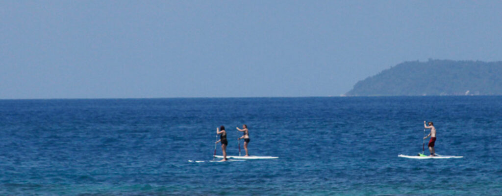 Three people stand-up paddleboarding on calm blue sea with an island on the horizon