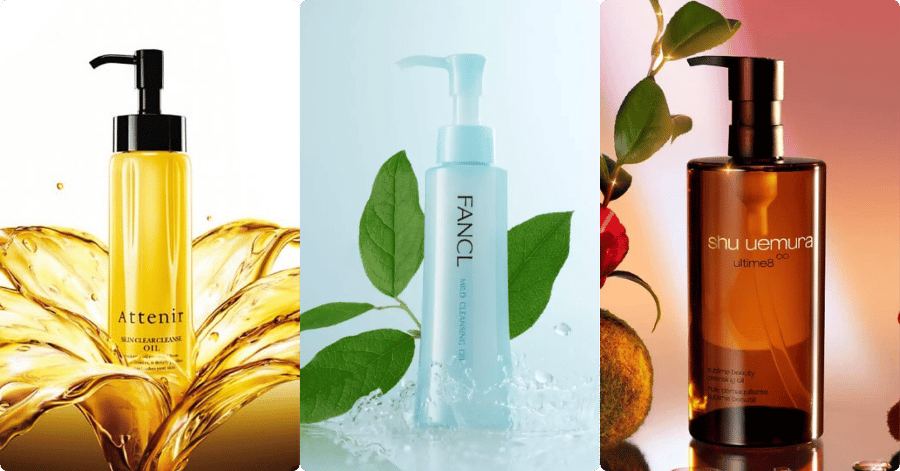 Three Japanese cleansing oils from Attenir, Fancl and Shu Uemura on coloured backgrounds