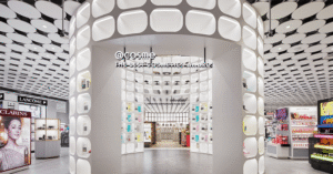 The curved white entrance and globe-lit ceiling inside @cosme TOKYO in Harajuku