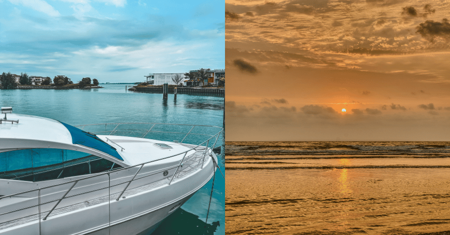 Split image of a yacht at a marina beside a wide beach at sunset