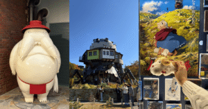 Ghibli Park highlights collage: a giant Ghibli figure, an autumn film-set house, and a themed snack