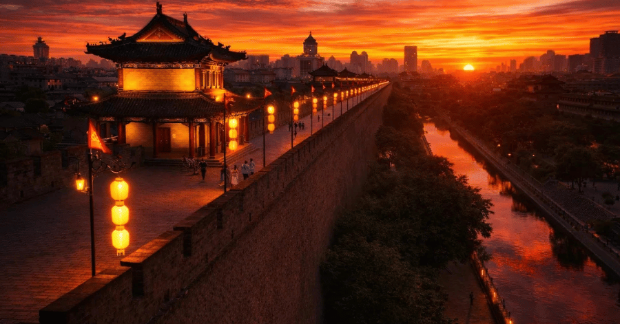 Xi'an's lantern-lit city wall and moat reflected at sunset