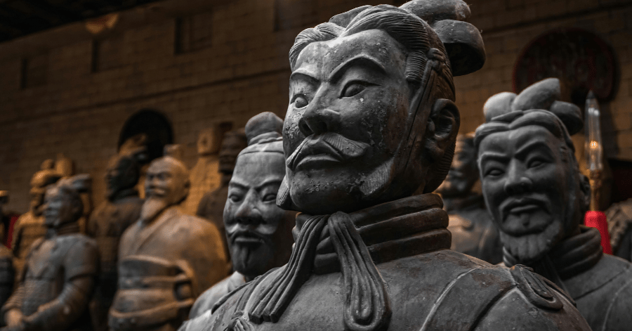 Close-up of finely detailed Terracotta Army warrior statues in Xi'an