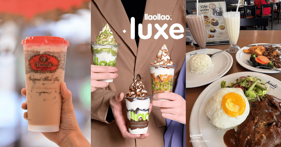 Collage of three cafe items: an iced drink, a layered dessert cup and a rice dish with a fried egg