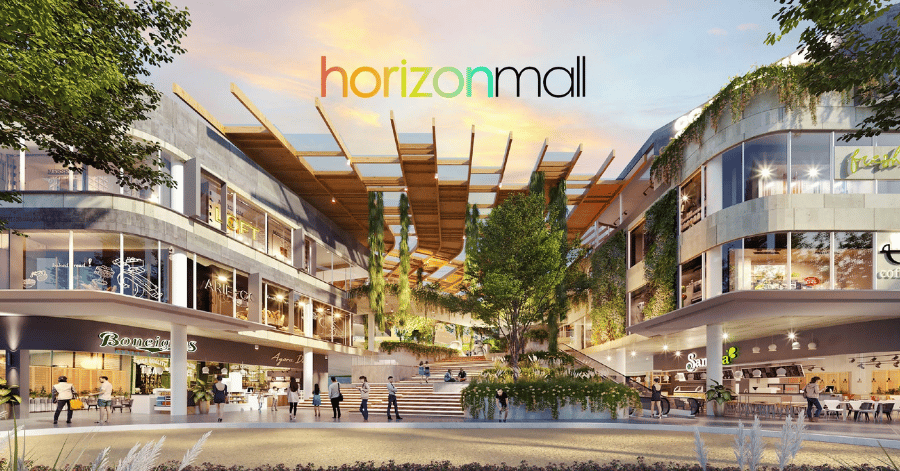 Horizon Mall's exterior with its colourful honeycomb facade and entrance signage in Iskandar Puteri, JB