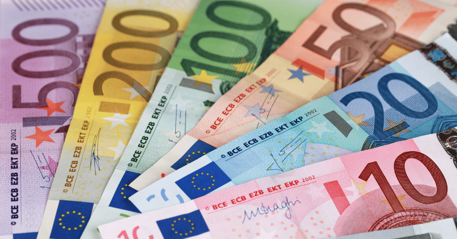 A fan of euro banknotes in 10, 20, 50, 100, 200 and 500 denominations