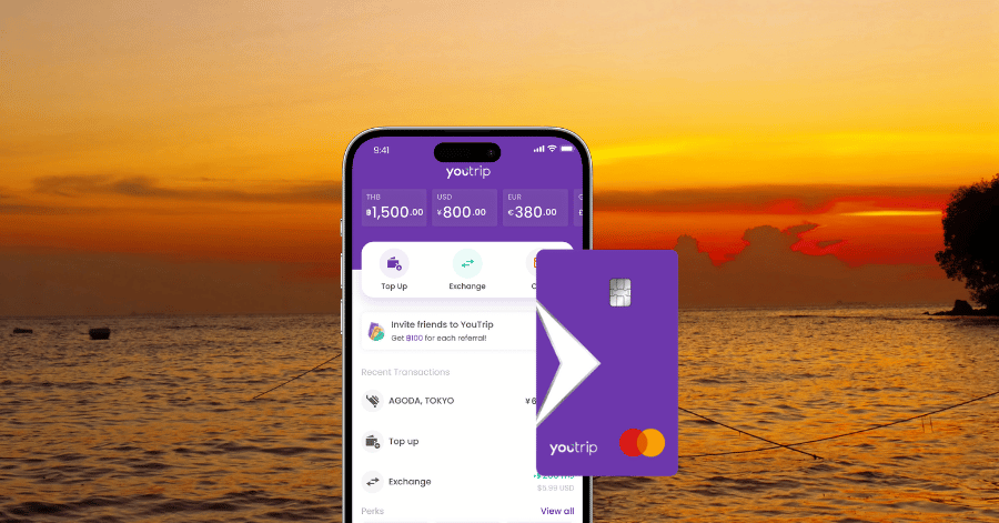 YouTrip app and purple card shown against a beach sunset backdrop