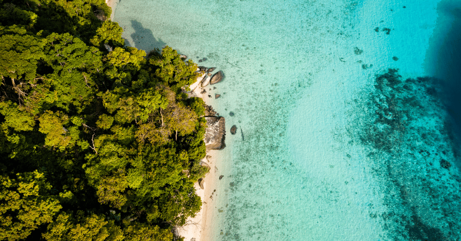Aerial of a secluded white-sand cove fringed by jungle and clear turquoise water on Tioman