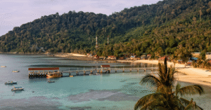 Aerial view of a Tioman Island bay with a jetty, boats, beach and jungle hills
