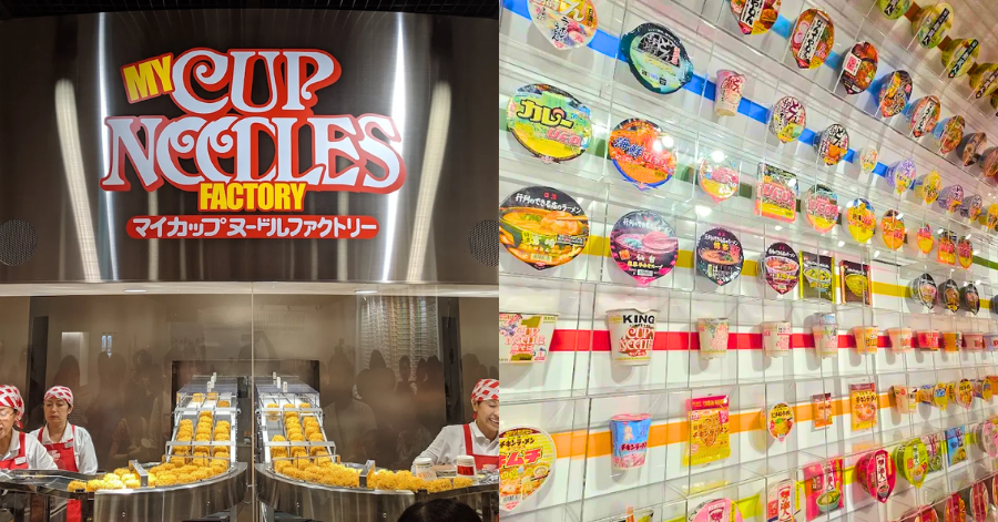 My Cup Noodles Factory sign and staff making cups beside a wall of colourful instant noodle packages