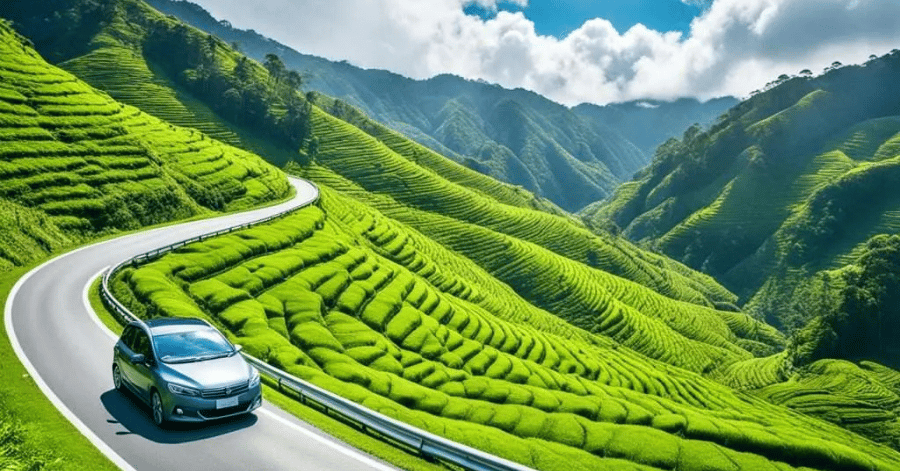 A car on a winding road through green tea plantation hills in Cameron Highlands