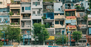 Colourful old riverside apartment blocks along the Saigon River in Ho Chi Minh City